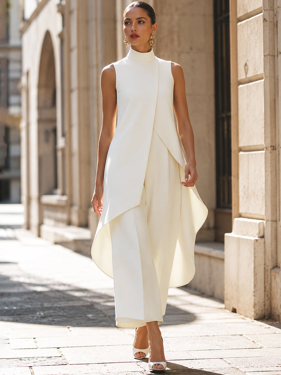 Dovessa - Dames jumpsuit met hoge kraag en asymmetrisch paneel
