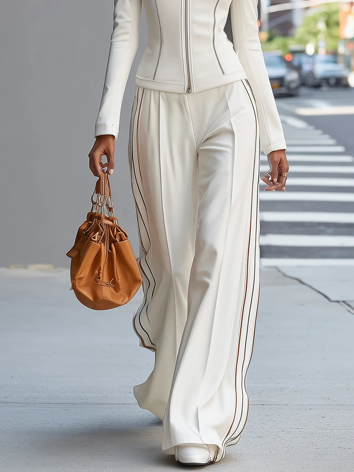 Witte Opstaande Kraag Zip| Up Wijde Pantalon Set