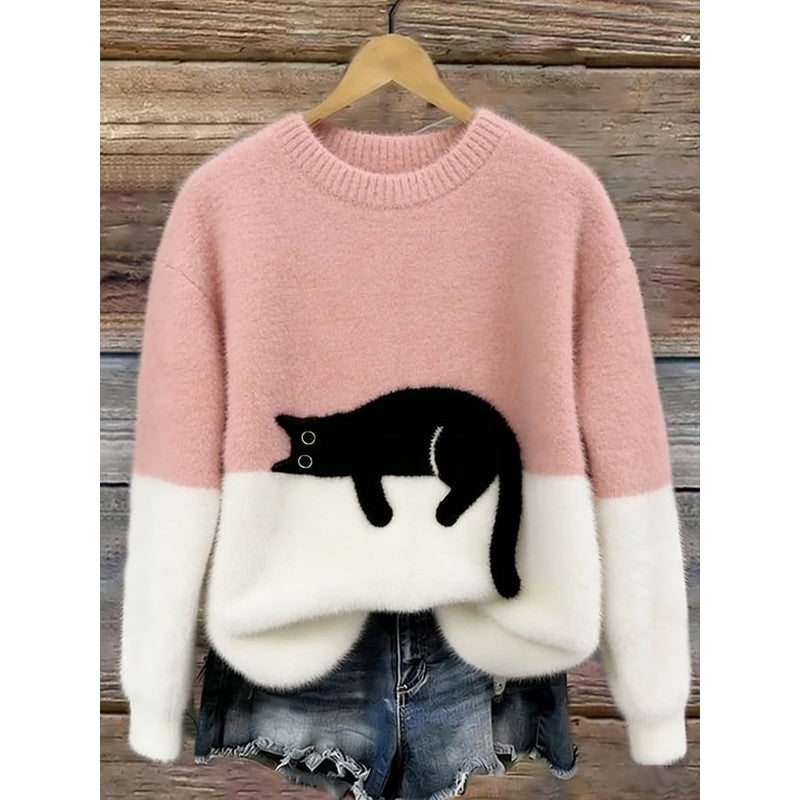 Lina | Ruimvallende Trui met Kat Print