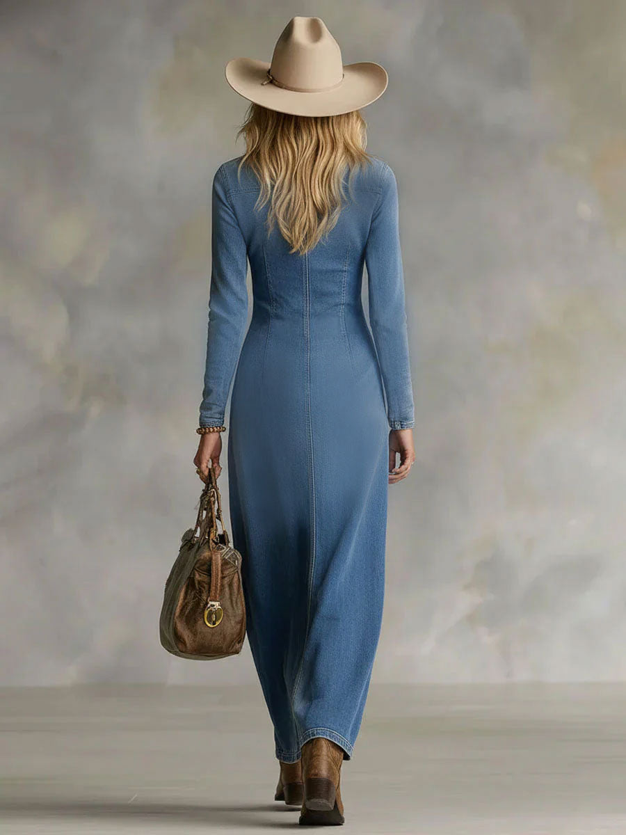 Agape | V-hals Enkele knoop Zijsplit Denim Lange mouwen Maxi-jurk
