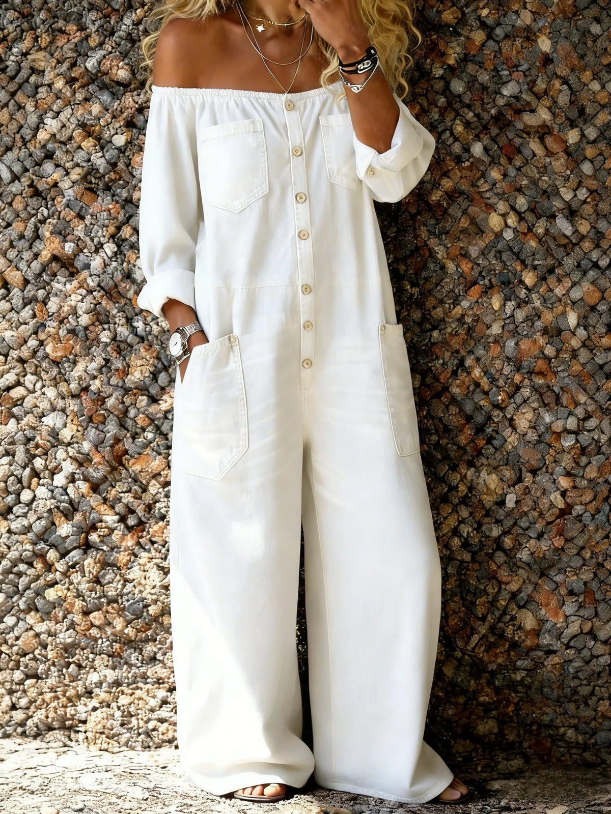 Aira | Denim Jumpsuit met Off-Shoulder Halslijn