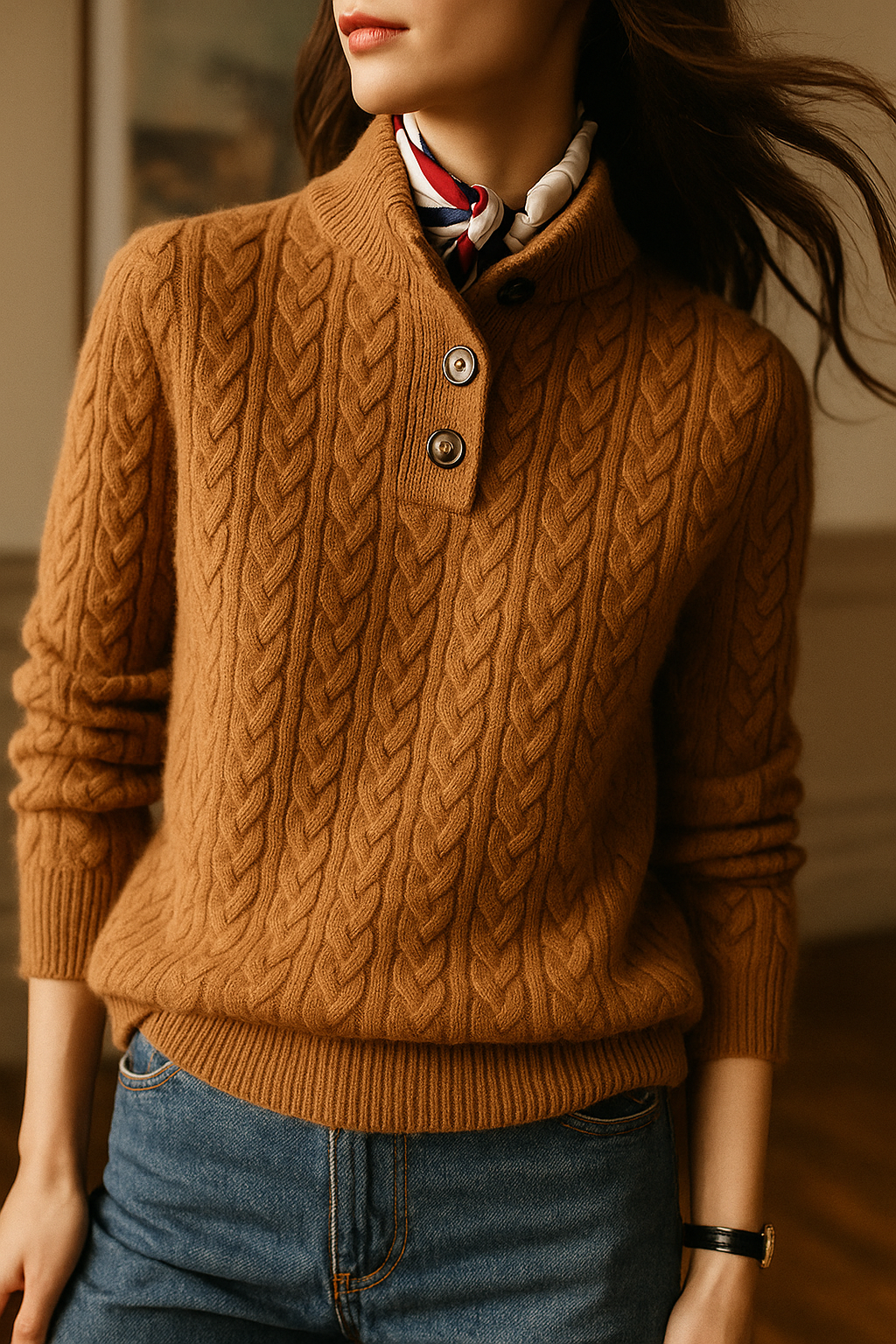 Stephanie | Dames Trui met Kabelpatroon en Knoopsluiting