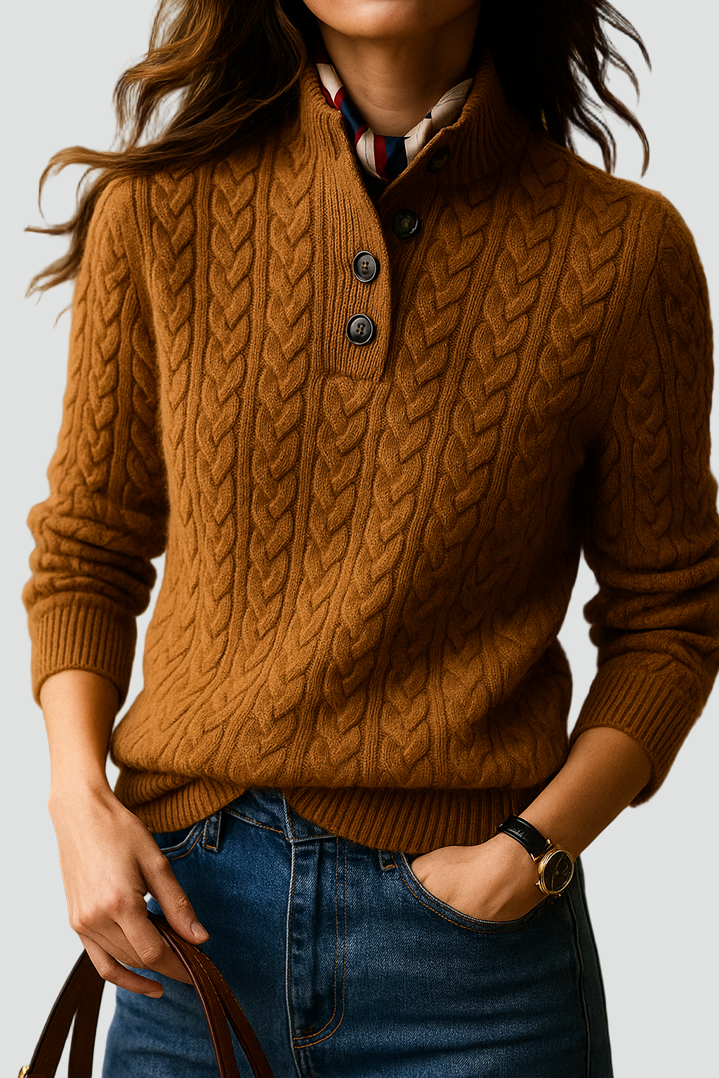 Stephanie | Dames Trui met Kabelpatroon en Knoopsluiting