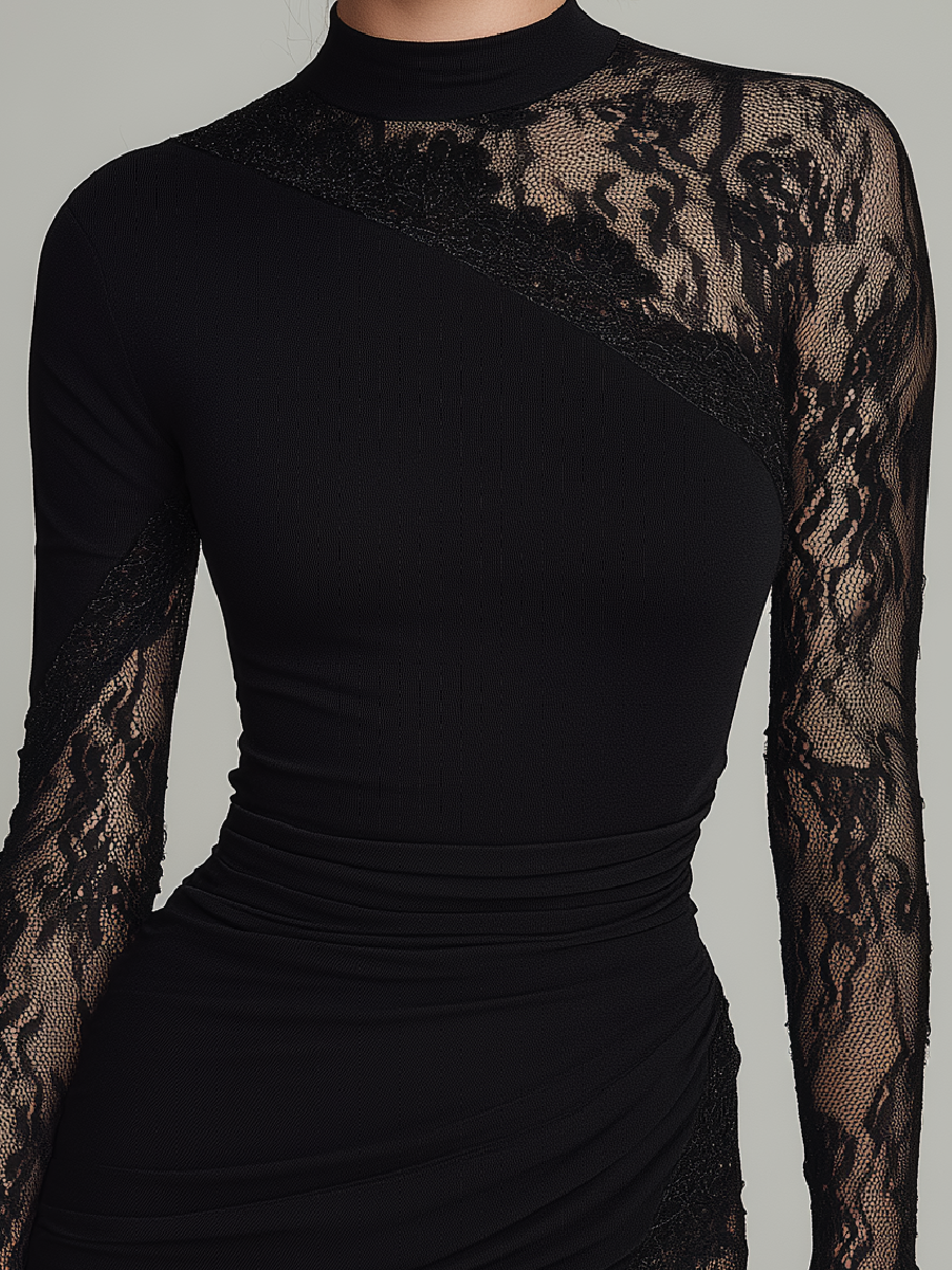 Helene | Coltrui Kant Asymmetrische Tule Lange Mouwen Mini Jurk