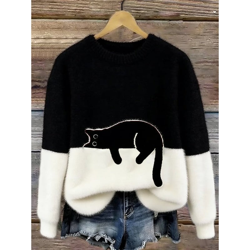 Lina | Ruimvallende Trui met Kat Print