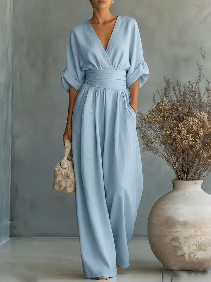 Daxelle - Elegante Dames Jumpsuit Met V-Hals, Getailleerde Taille, Wijde Benen