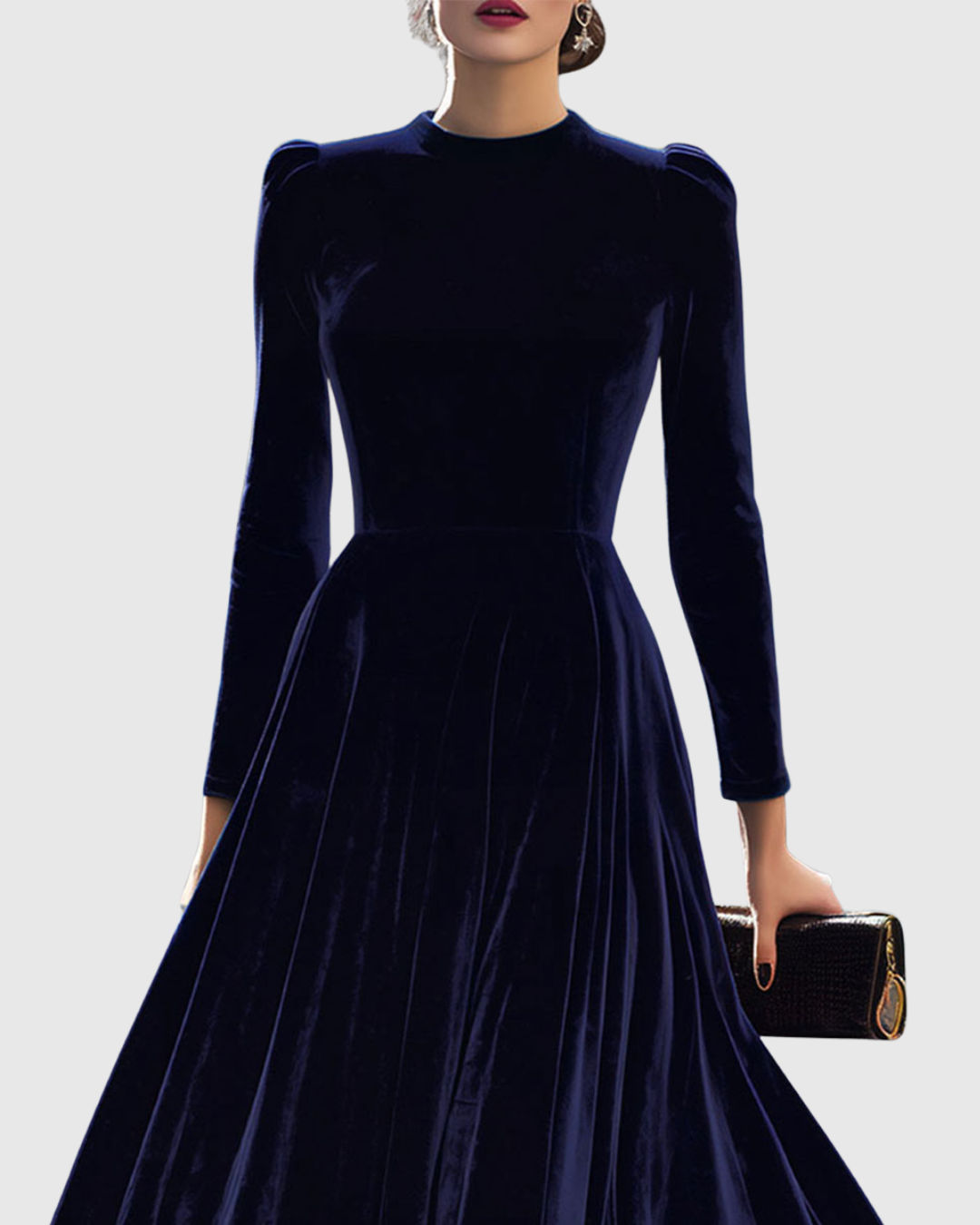 Eva | Marineblauwe Midi Jurk met Lange Mouwen
