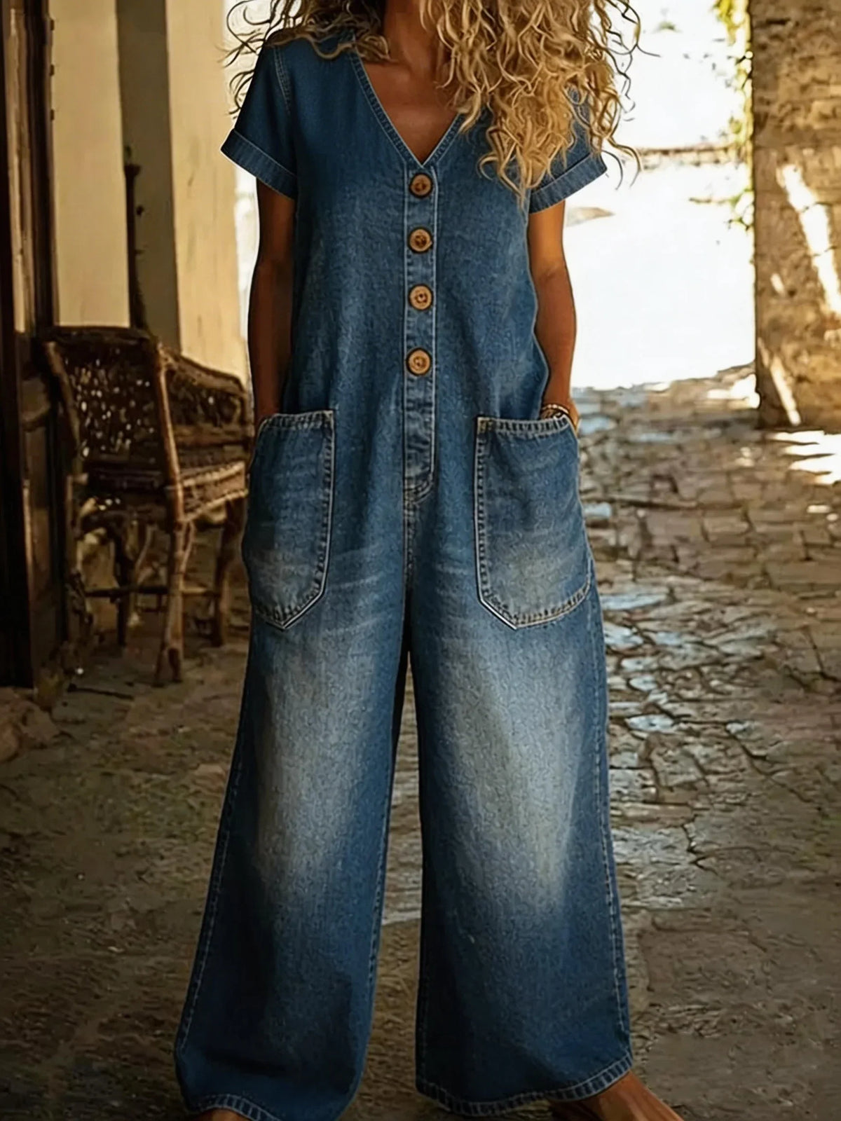 Lisolette | Denim Jumpsuit met V-hals en Korte Mouwen