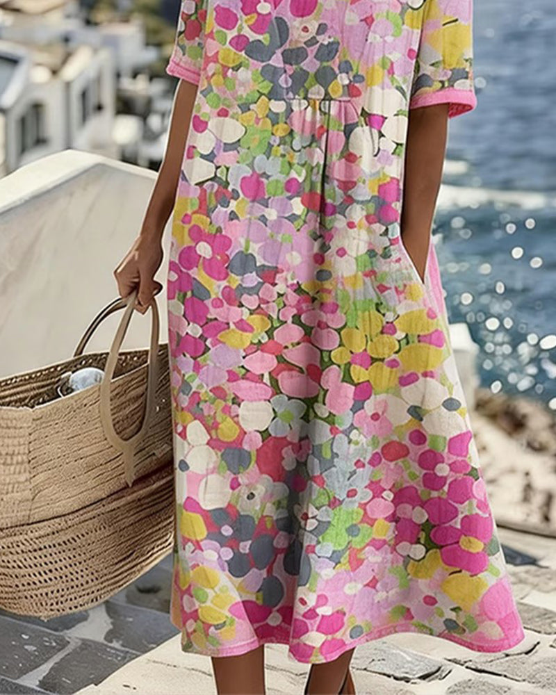 Averixa - Vrouwen midi-jurk met abstracte bloemenprint van katoen en linnen voor de zomer