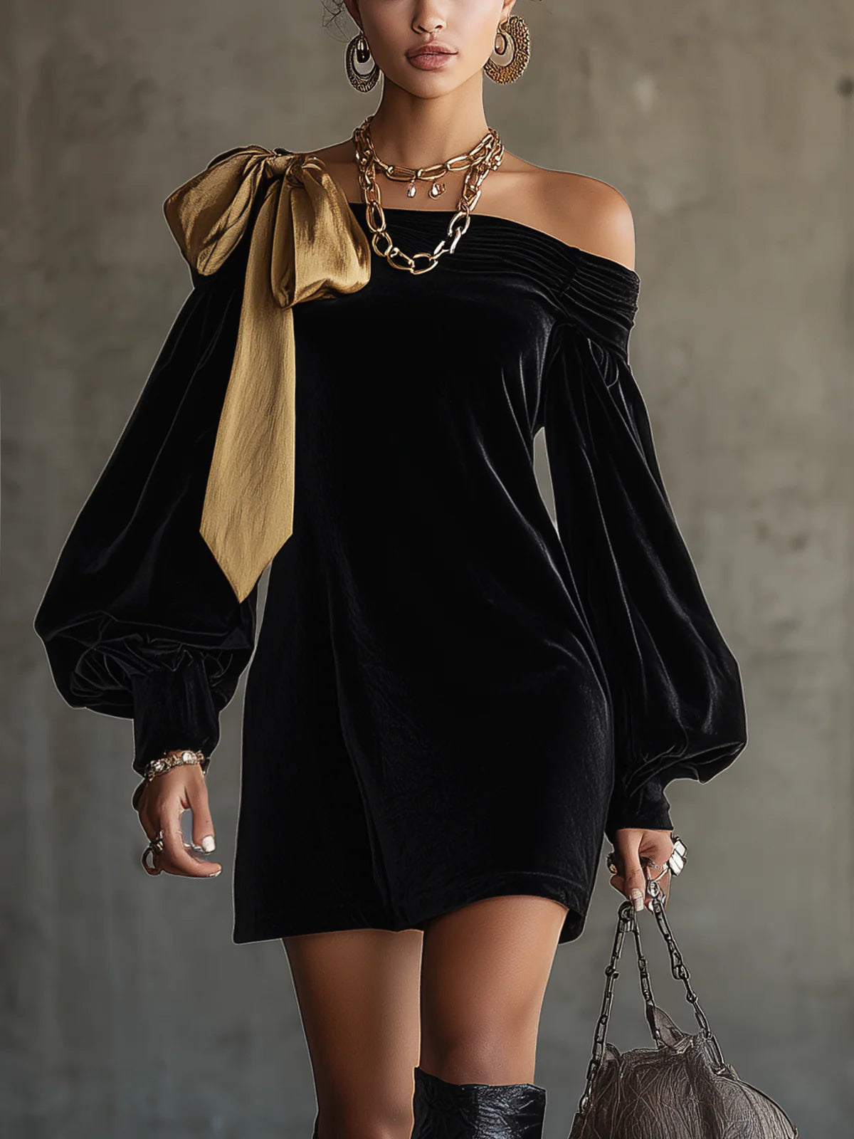 Kiki | Fluwelen en Gouden Satijnen Patchwork Off-Shoulder Mini-jurk