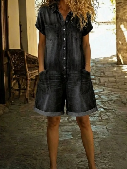 Barbara | Denim Playsuit met Kraag en Korte Mouwen