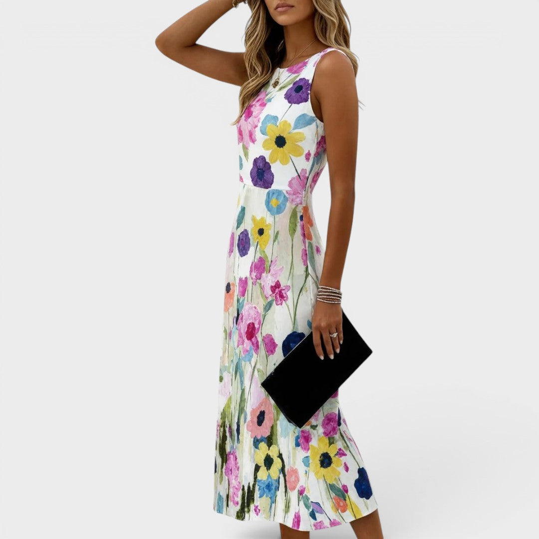 Khloe | Midi-jurk zonder mouwen met bloemenprint in aquarelstijl