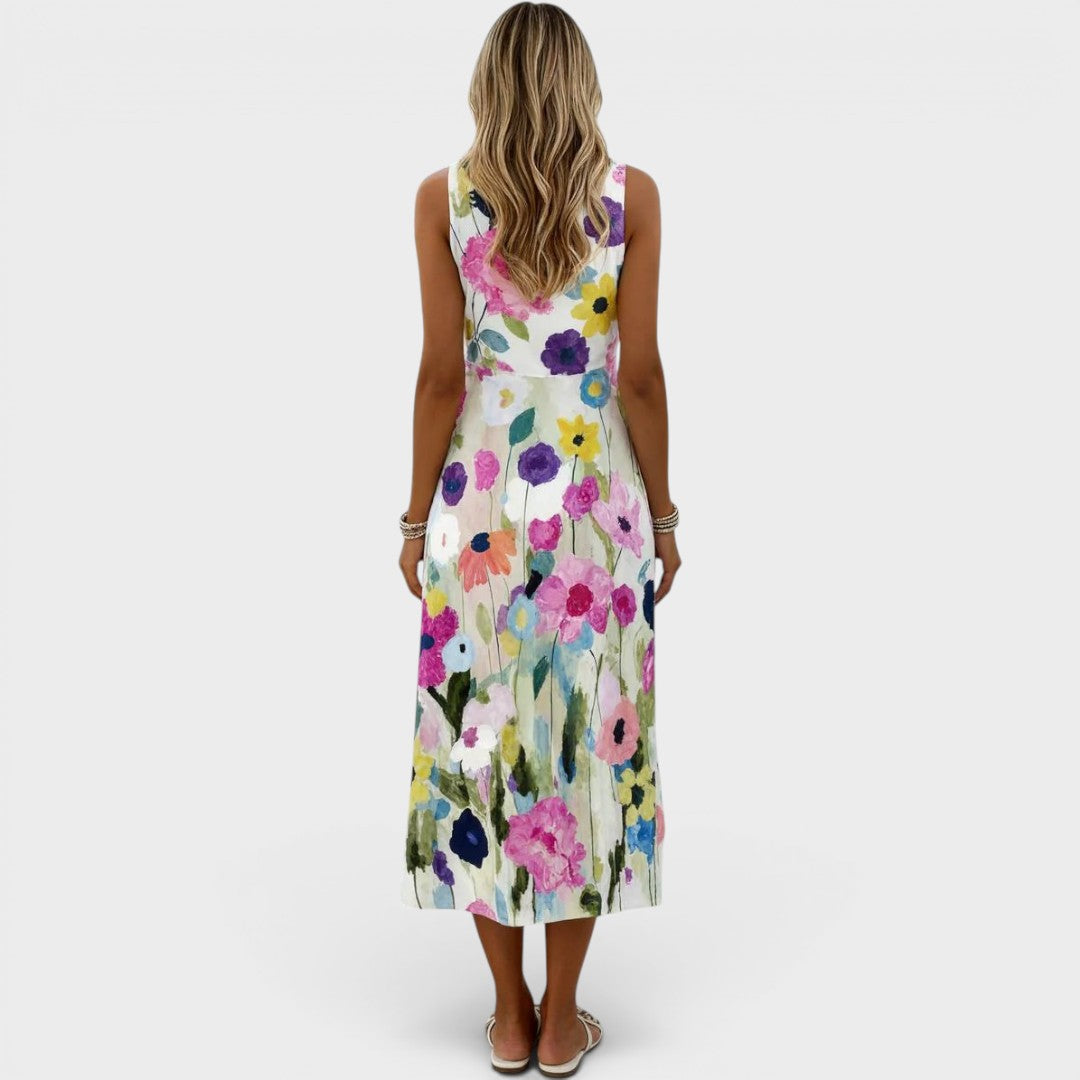 Khloe | Midi-jurk zonder mouwen met bloemenprint in aquarelstijl