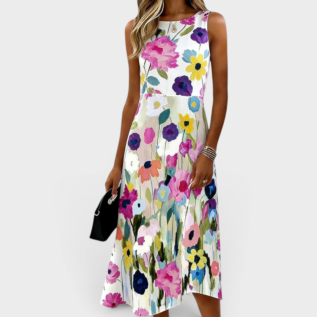 Khloe | Midi-jurk zonder mouwen met bloemenprint in aquarelstijl