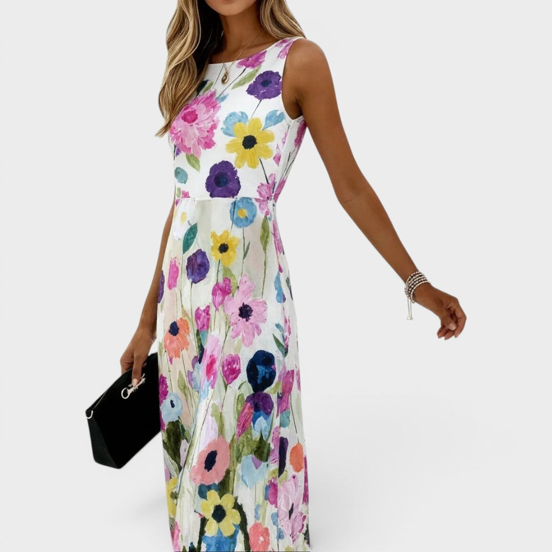 Khloe | Midi-jurk zonder mouwen met bloemenprint in aquarelstijl