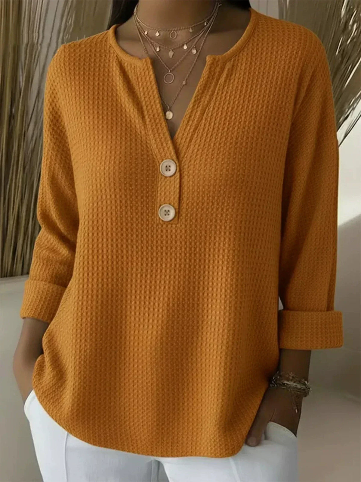 Elizabeth | Dames Top met Henley-Hals en Wafelstructuur