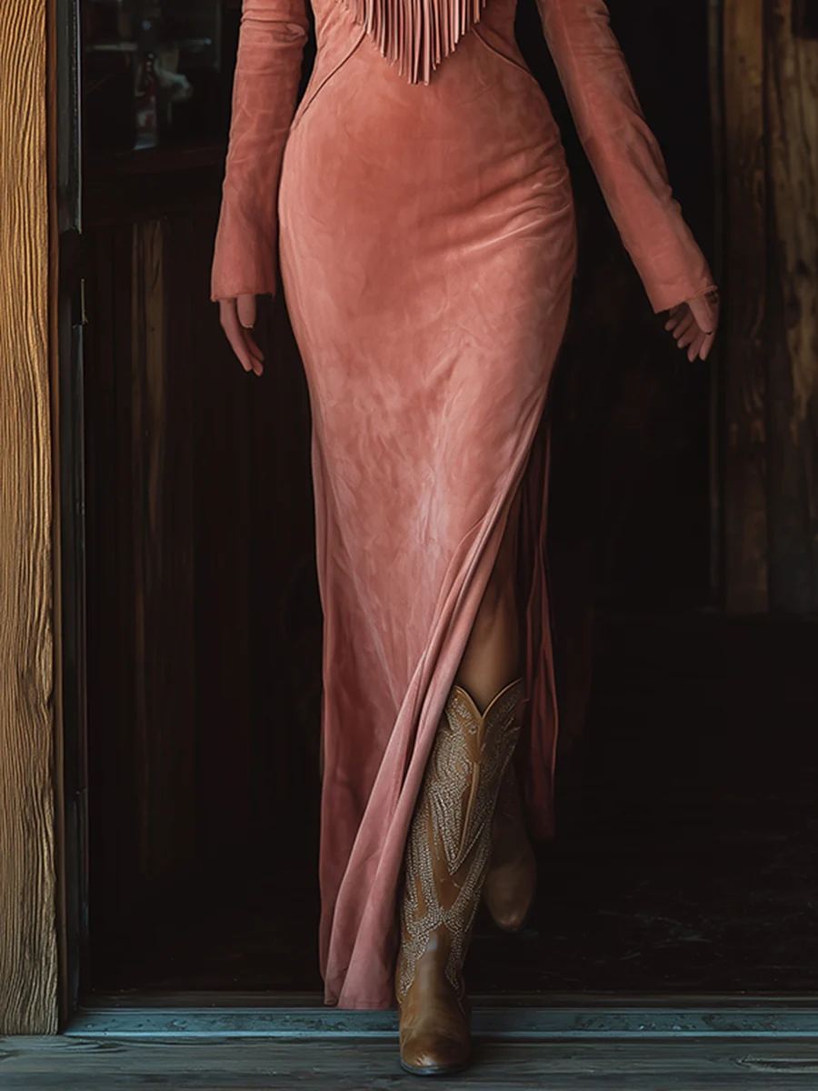 Maxi Jurk | Western Tassel Geborduurde Roze Faux Suede