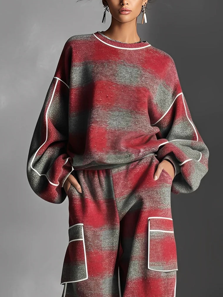 Grijs | Geruite Kleurgebroken Sweatshirt en Casual Broek Tweedelige set