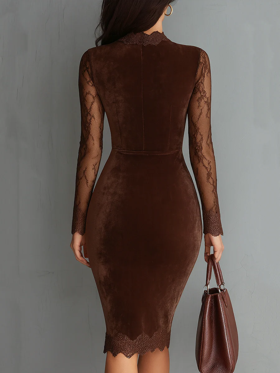 Bruine | Vintage Sleutelgat Halslijn Kant Mouw Velours Mini Jurk