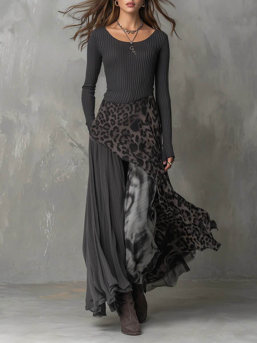 Grijze | Pit Stripe Luipaardprint Splicing Ongelijke Zoom Maxi Jurk