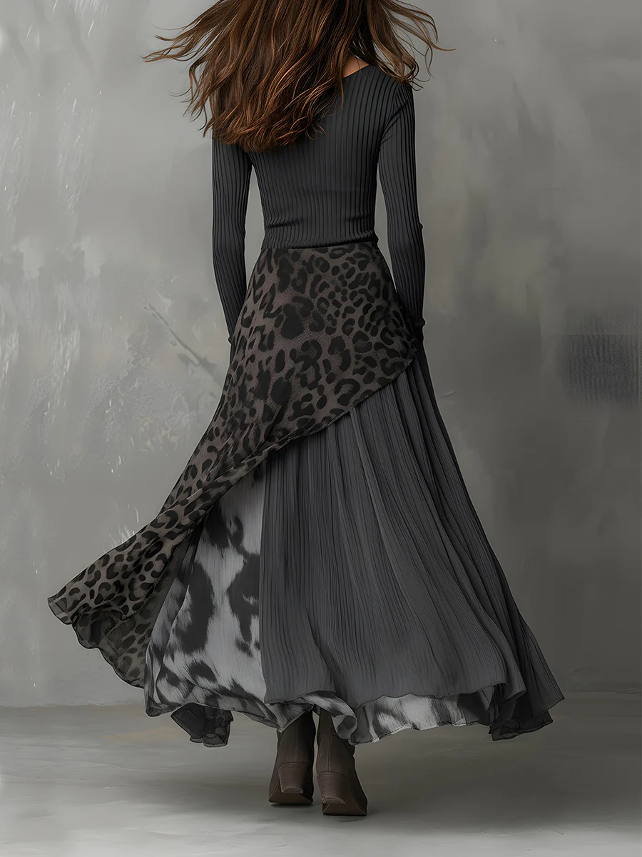 Grijze | Pit Stripe Luipaardprint Splicing Ongelijke Zoom Maxi Jurk