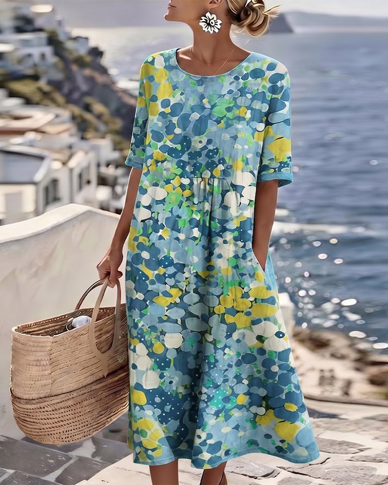 Averixa - Vrouwen midi-jurk met abstracte bloemenprint van katoen en linnen voor de zomer