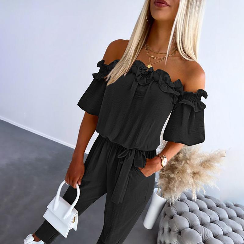 Shainalyn | Chique off-shoulder jumpsuit met ruches en strik in de taille
