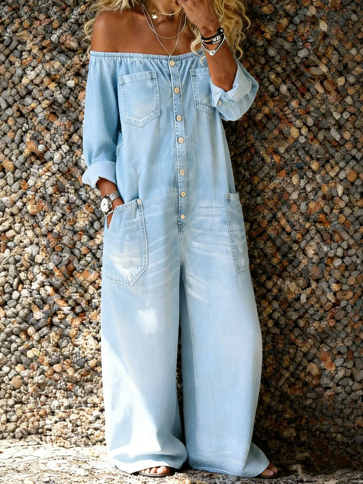 Jesyka | Denim Jumpsuit met Off-Shoulder Halslijn