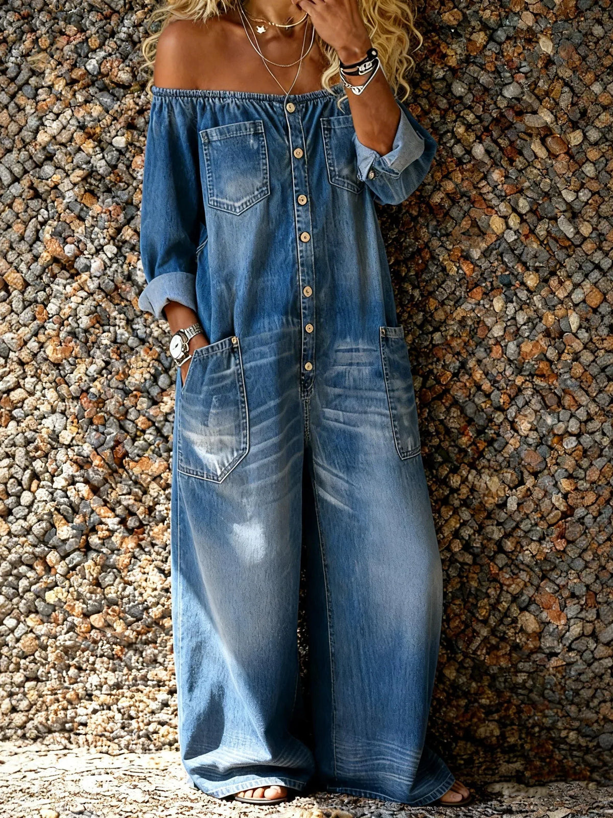 Sasha | Denim Jumpsuit met Off-Shoulder Halslijn