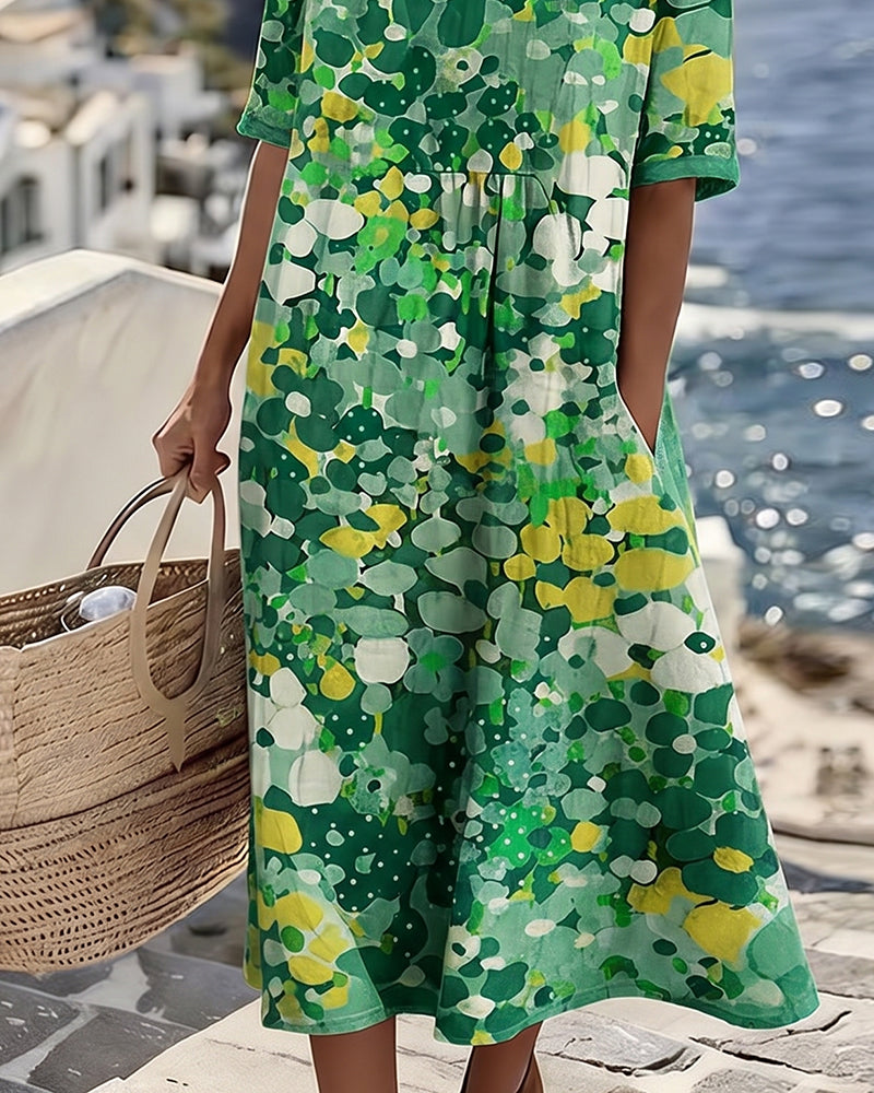 Averixa - Vrouwen midi-jurk met abstracte bloemenprint van katoen en linnen voor de zomer
