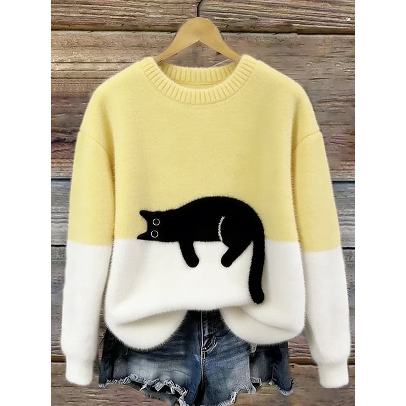 Lina | Ruimvallende Trui met Kat Print
