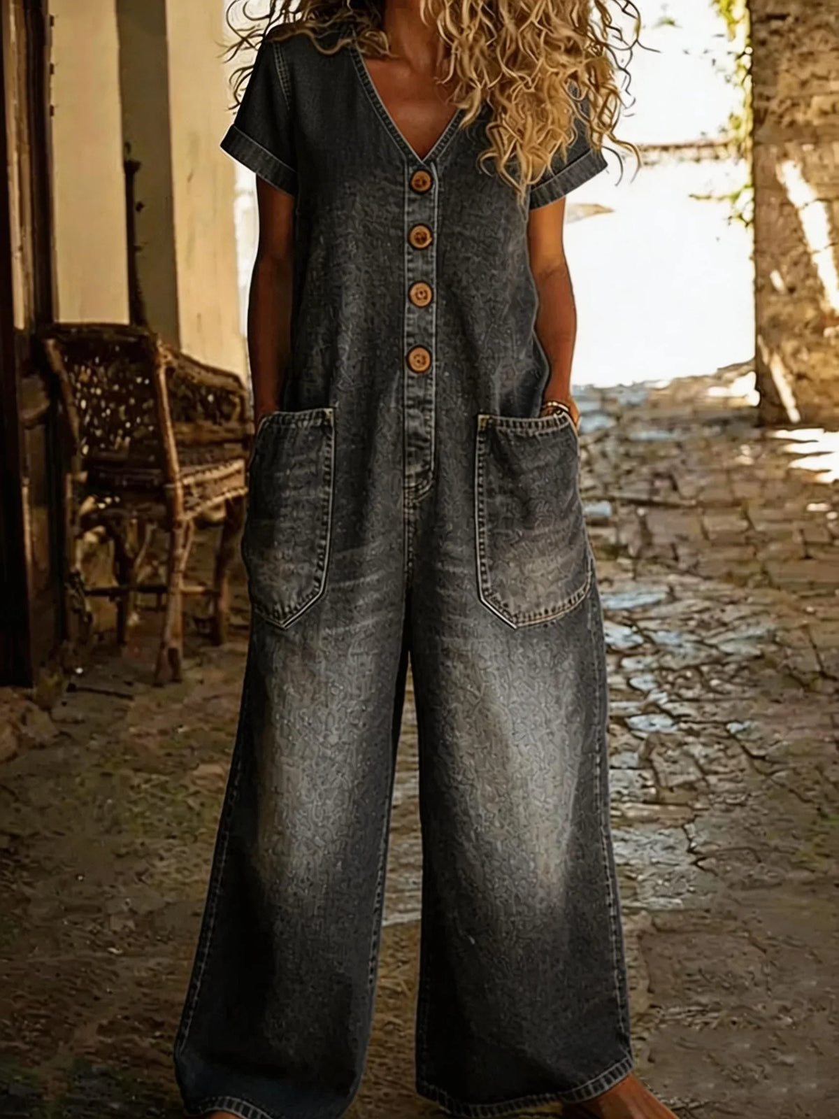 Lisolette | Denim Jumpsuit met V-hals en Korte Mouwen