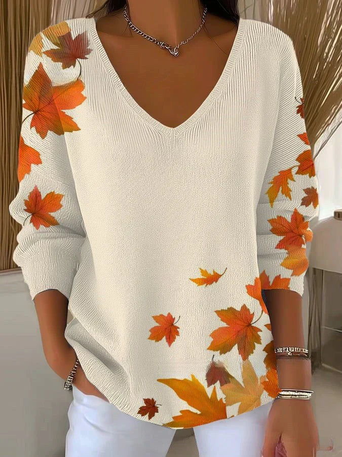 Althea | V-hals pullover met Bladmotief