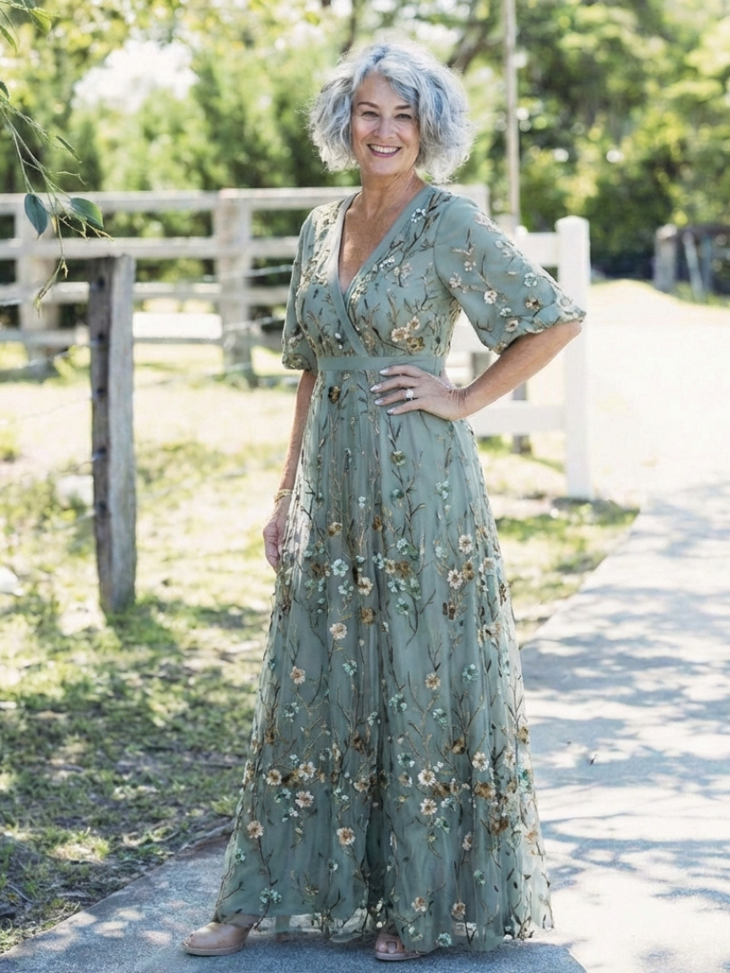 Moirah | Bloemenprint maxi-jurk met V-hals en korte mouwen