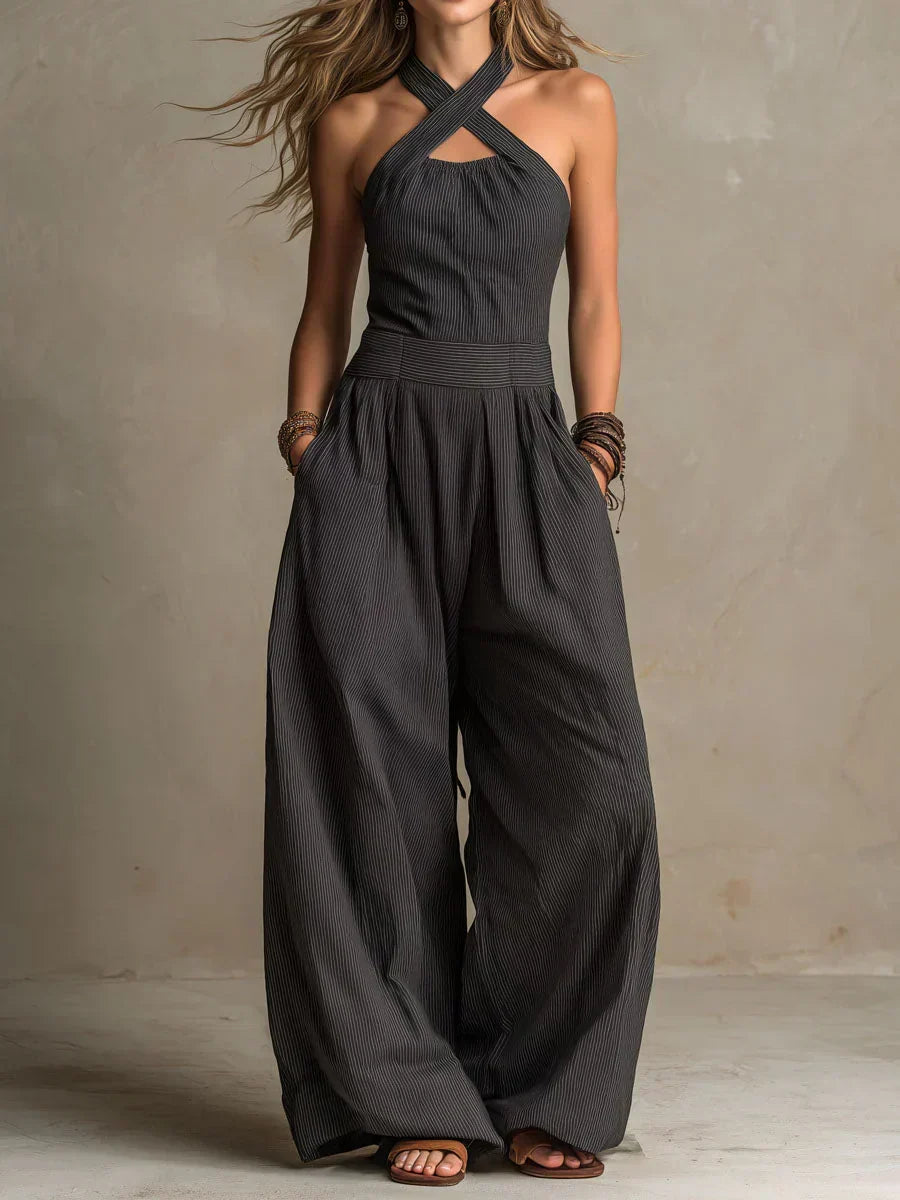 Fiorenzae - Vrouwelijke jumpsuit met vloeiende stof, kruislijf en elegante wijde benen