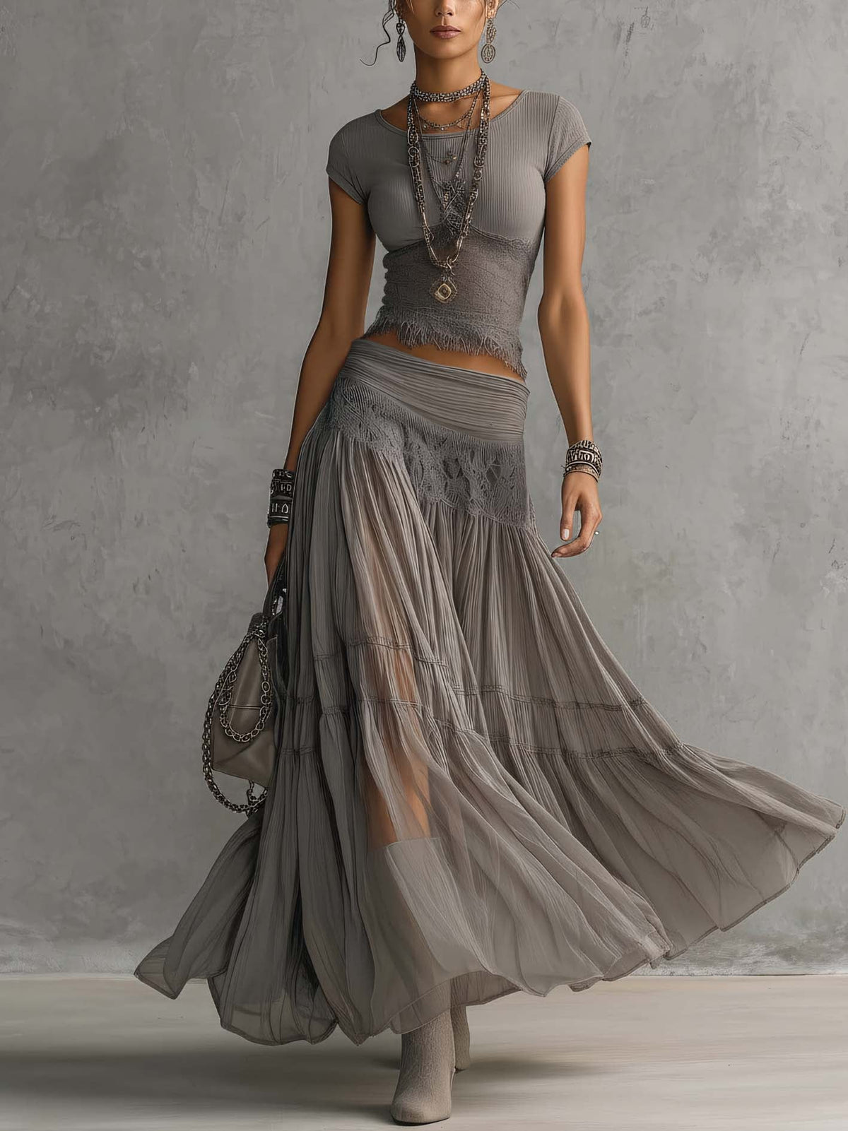 Floryn | Set met top met panelen en geplooide maxi-rok