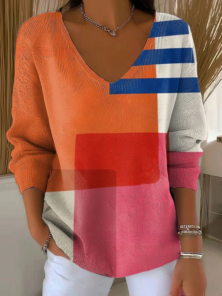 Madelief | V-hals Trui met Modern Blokpatroon