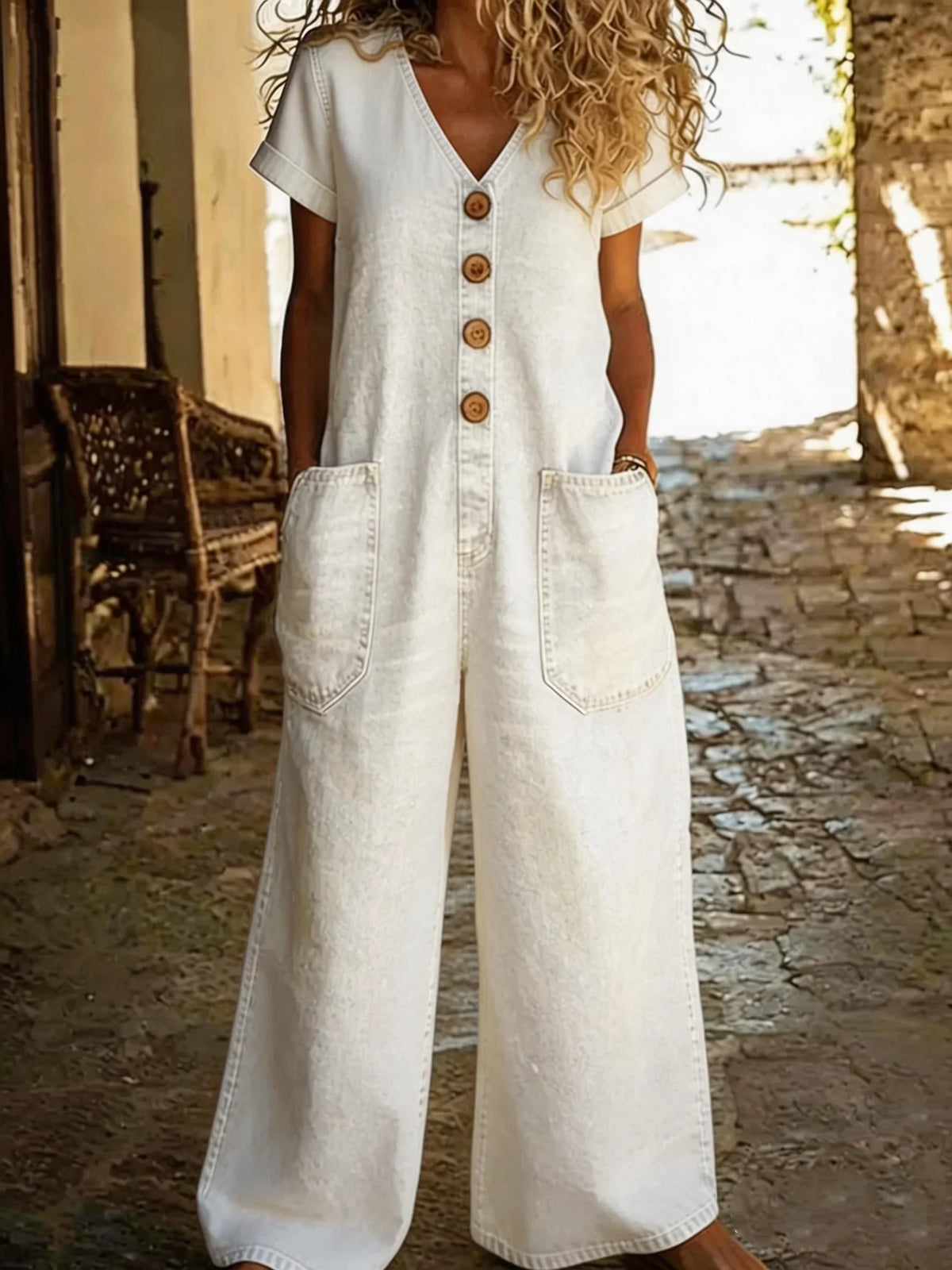 Lisolette | Denim Jumpsuit met V-hals en Korte Mouwen