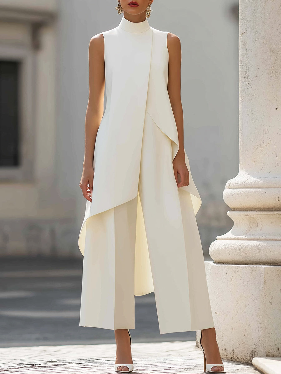 Dovessa - Dames jumpsuit met hoge kraag en asymmetrisch paneel