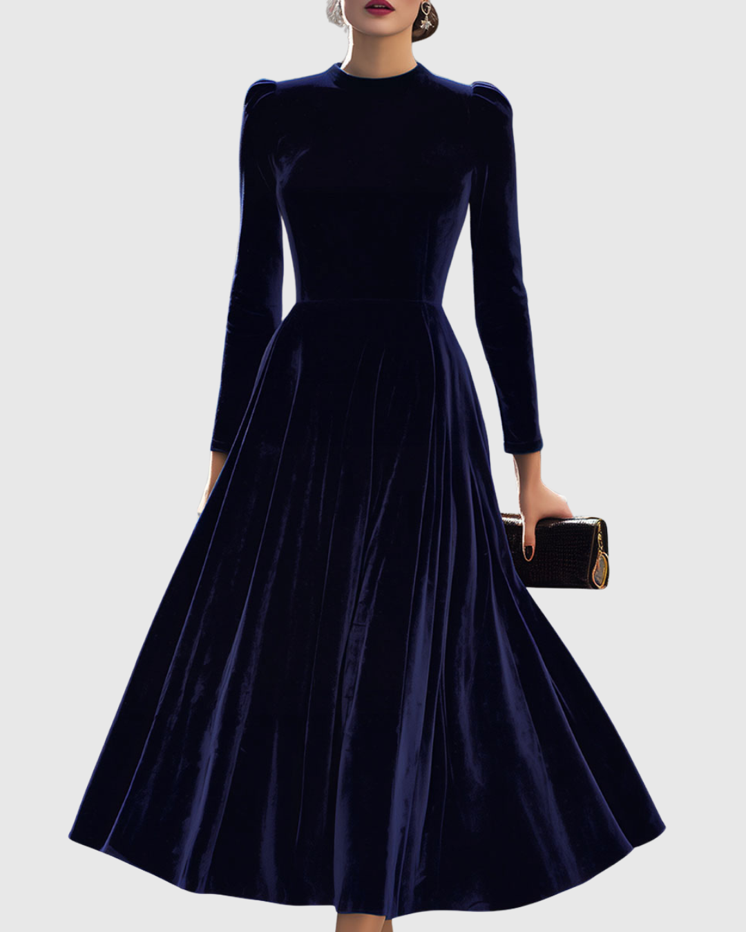 Eva | Marineblauwe Midi Jurk met Lange Mouwen