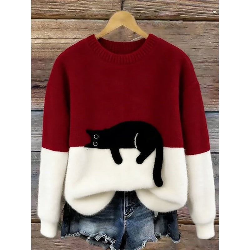 Lina | Ruimvallende Trui met Kat Print