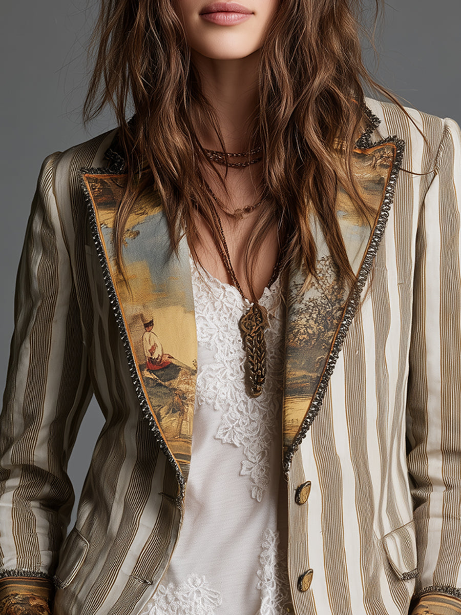 Marjorie | Damesblazer met Boho Strepenprint en Reverskraag