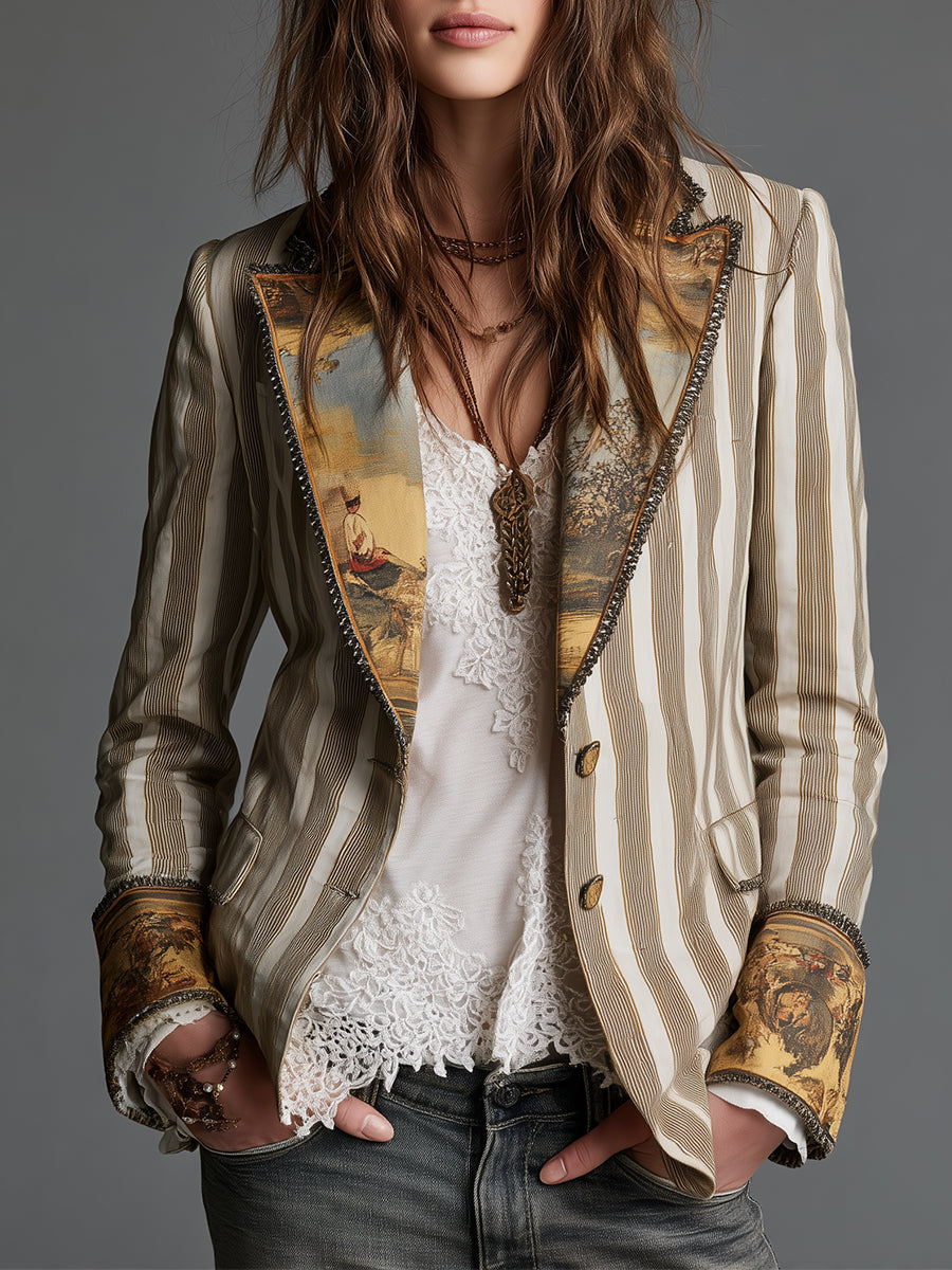 Marjorie | Damesblazer met Boho Strepenprint en Reverskraag