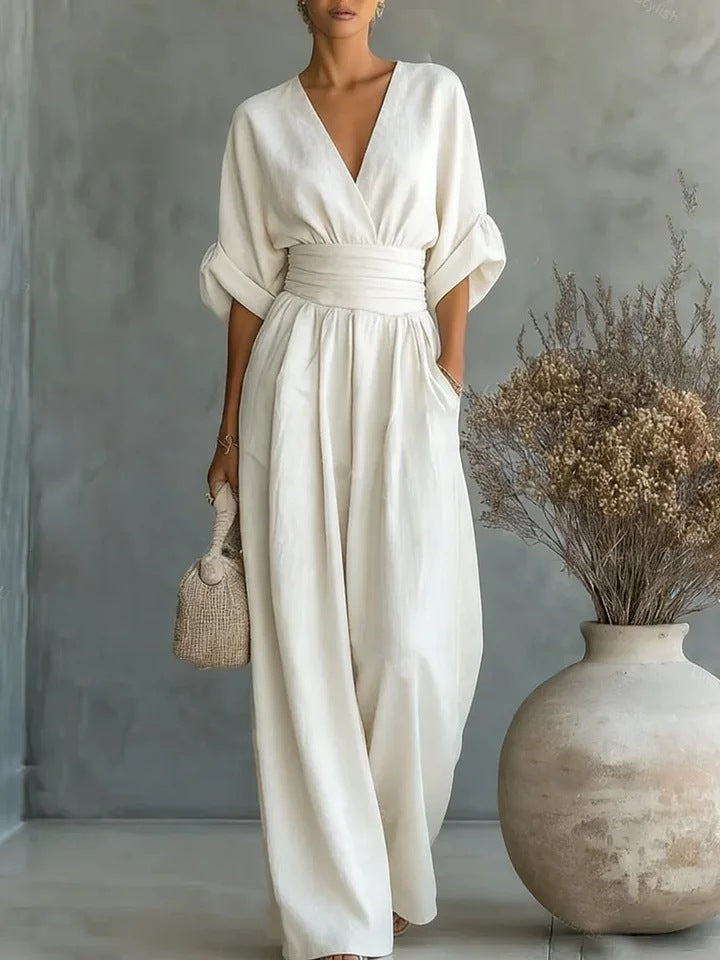 Daxelle - Elegante Dames Jumpsuit Met V-Hals, Getailleerde Taille, Wijde Benen