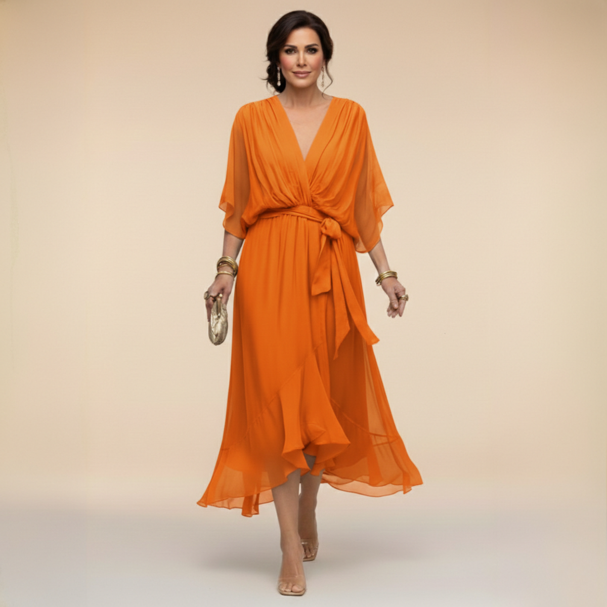 Cornelia | Gedrapeerde Chiffon Midi-jurk