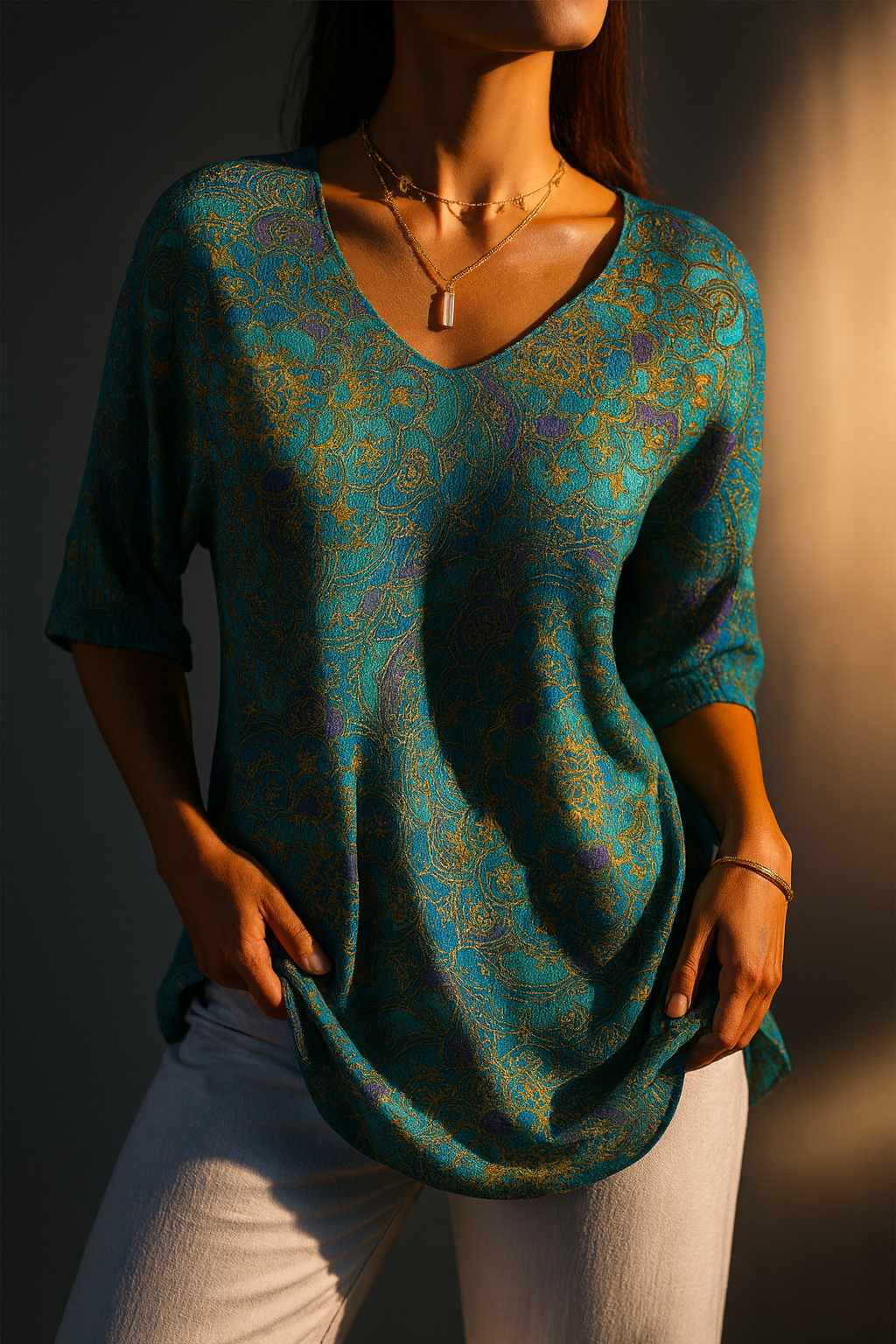 Kynelle - Vrouwelijke blouse met een vloeiende print, V-hals en uitlopende mouwen in elegante boho-stijl