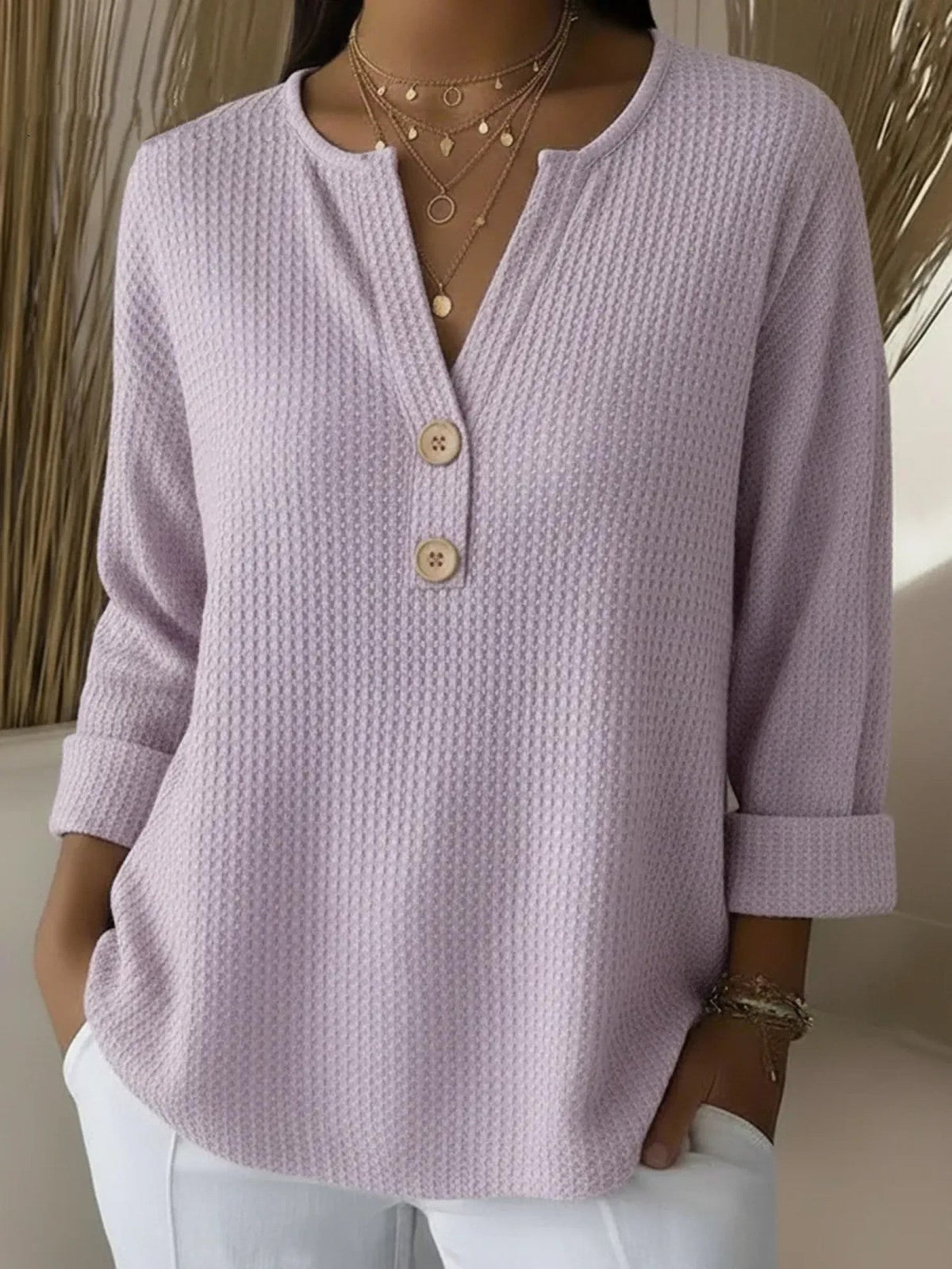 Elizabeth | Dames Top met Henley-Hals en Wafelstructuur