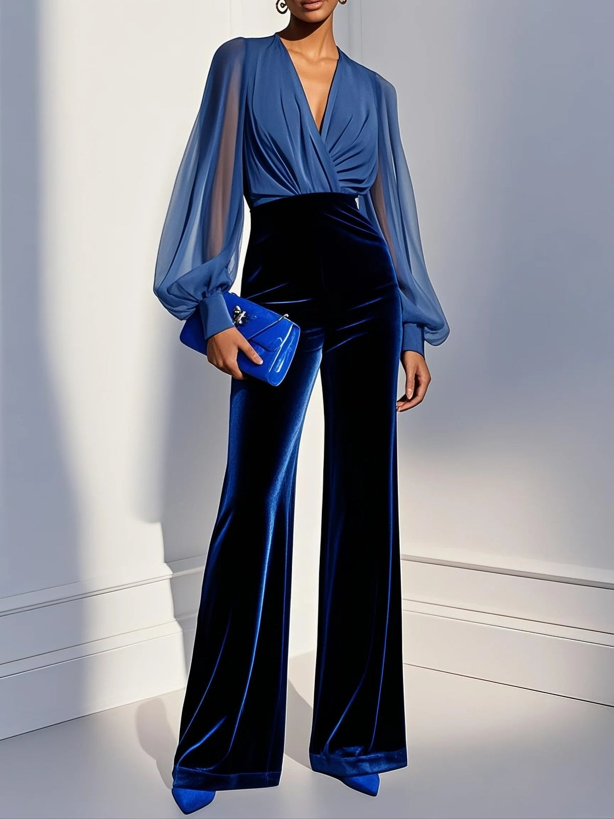 Blauwe | mesh V-hals lange mouwen fluwelen jumpsuit