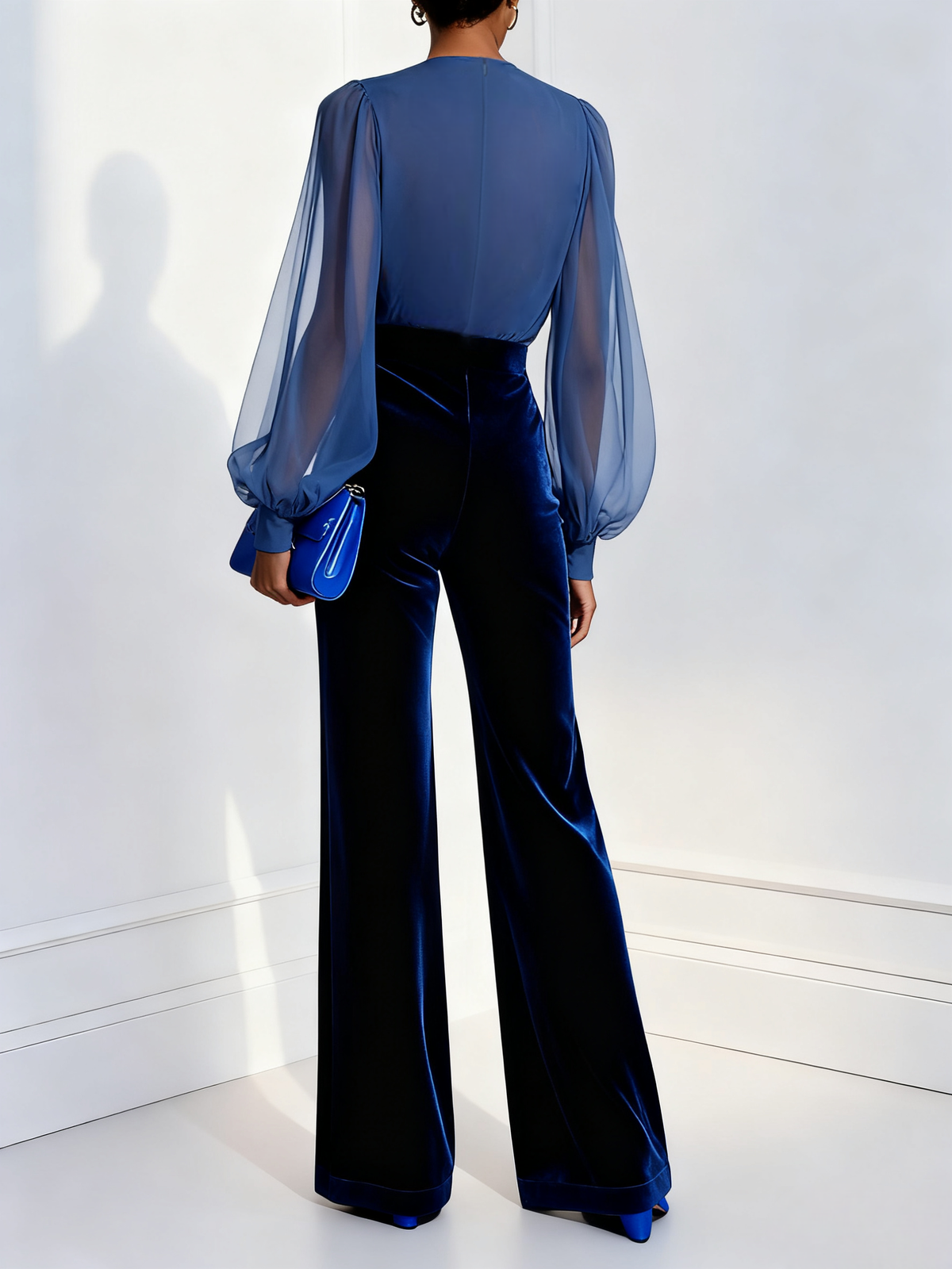 Blauwe | mesh V-hals lange mouwen fluwelen jumpsuit