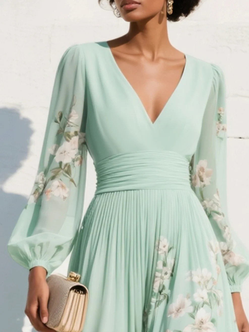 Ruby | Lichtgroene midi-jurk met V-hals en bloemenprint